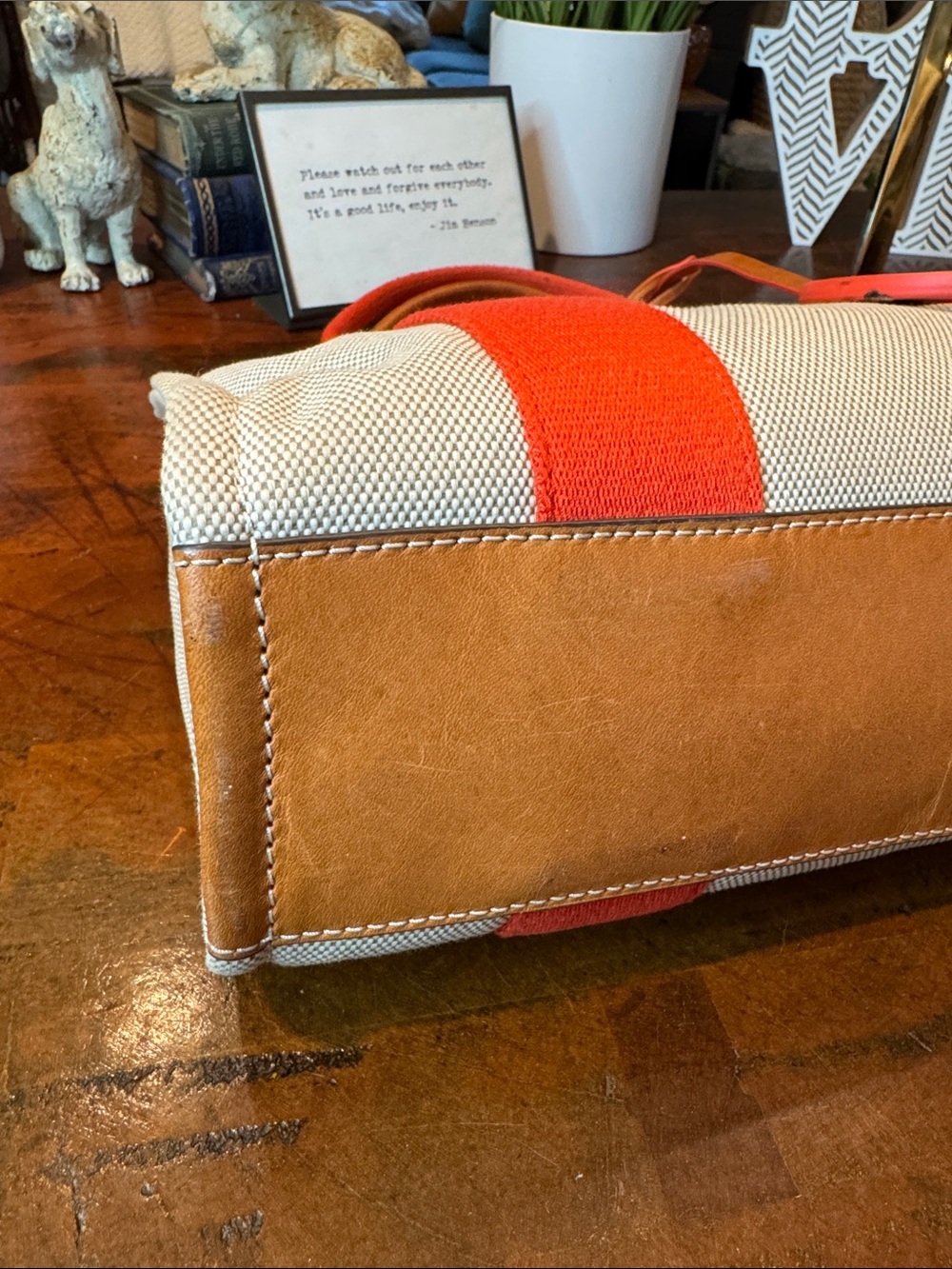 Tory Burch Canvas Tote with Red Straps and oversized Charm - Picture 10 of 13